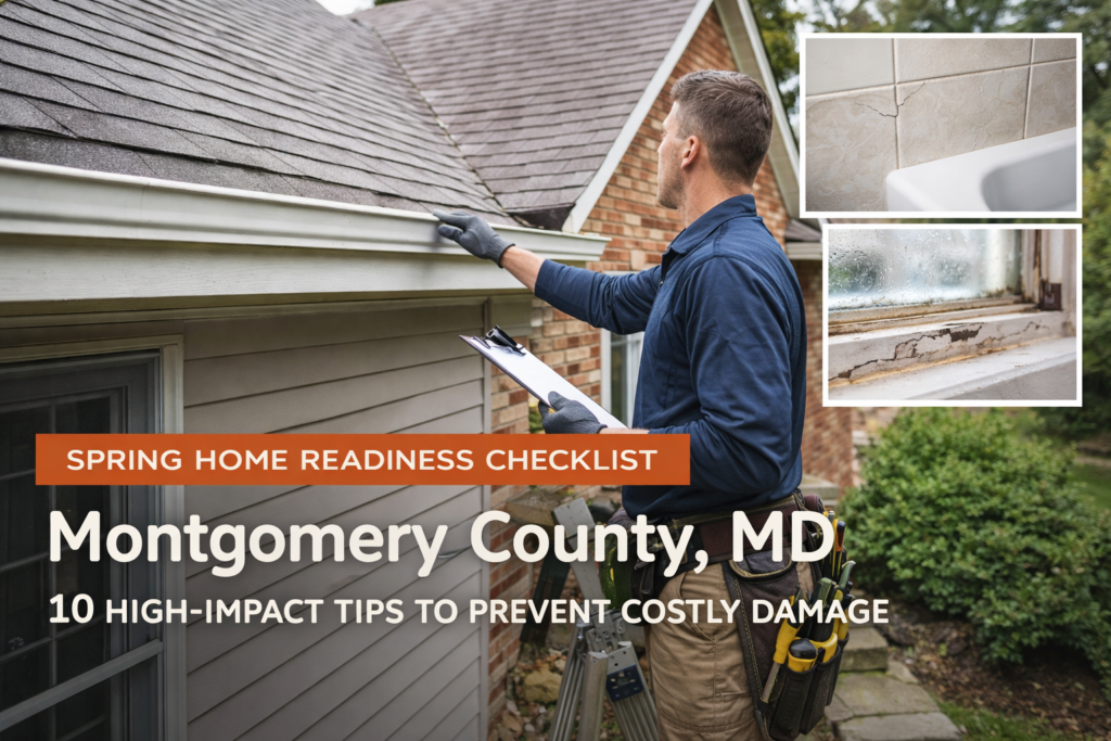 Spring home readiness checklist in Montgomery County MD with contractor inspecting roof and gutters, plus window and bathroom crack close-ups.