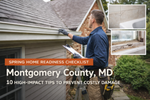 Spring home readiness checklist in Montgomery County MD with contractor inspecting roof and gutters, plus window and bathroom crack close-ups.