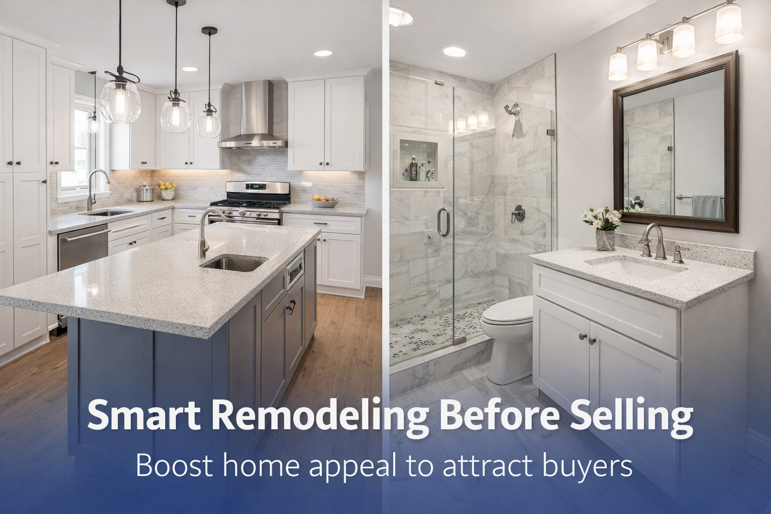 Remodeling before selling in Maryland, showing a renovated kitchen and updated bathroom as high-impact upgrades to attract buyers.