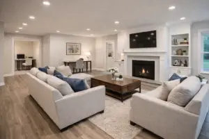Finished basement living room in Maryland with modern lighting and durable flooring after professional basement remodeling