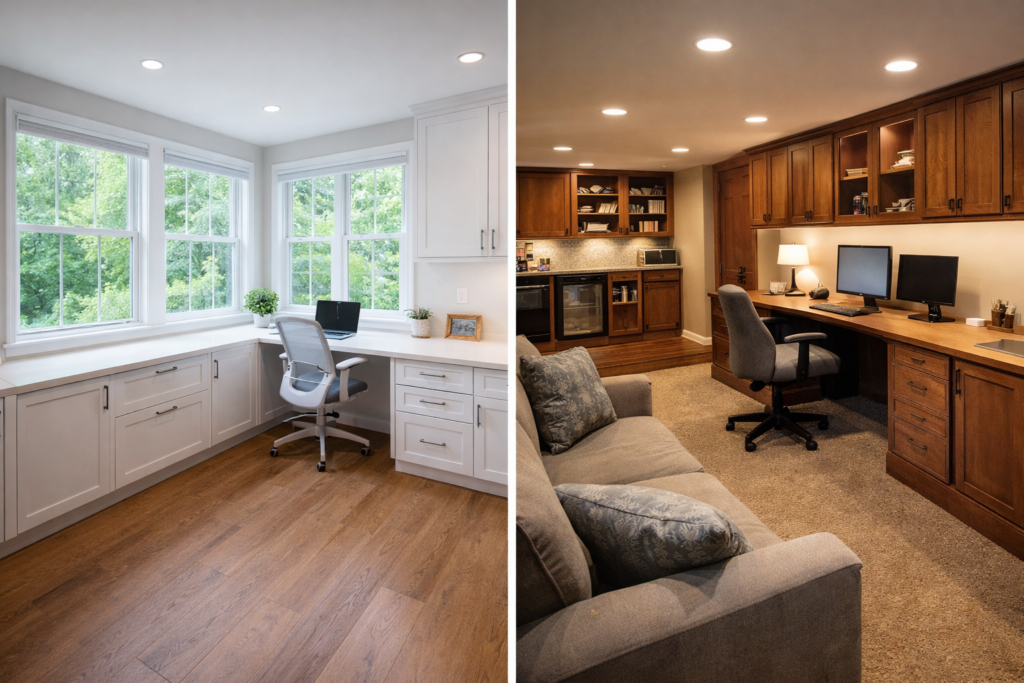 Comparison of a finished basement office and a home office addition in Maryland, showing two ways to create a functional workspace at home.