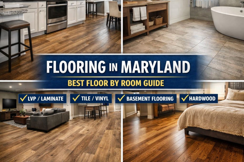 Flooring in Maryland best floor by room guide showing kitchen, bathroom, basement, and bedroom flooring options (LVP, tile/vinyl, basement flooring, hardwood).