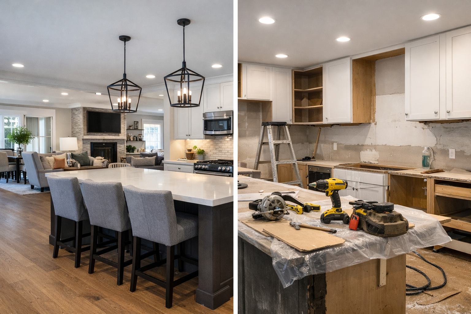 Full home remodeling vs. room-by-room renovation in Maryland, featuring a completed open-concept interior next to a kitchen remodel in progress.