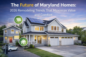 Modern Maryland home with solar panels, accessory dwelling unit, and EV charger, illustrating 2026 remodeling trends focused on efficiency, comfort, and property value.