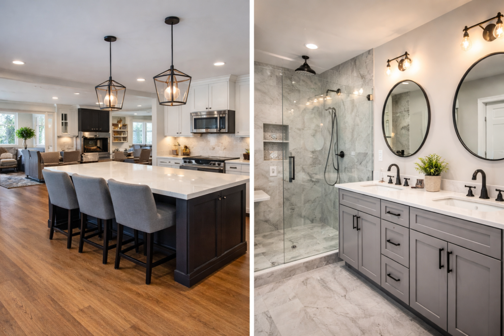 Comparison of kitchen remodeling and bathroom remodeling in Maryland, showing a luxury kitchen and a modern bathroom as two high-value renovation options.