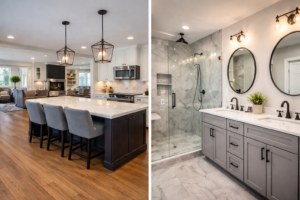 Comparison of kitchen remodeling and bathroom remodeling in Maryland, showing a luxury kitchen and a modern bathroom as two high-value renovation options.