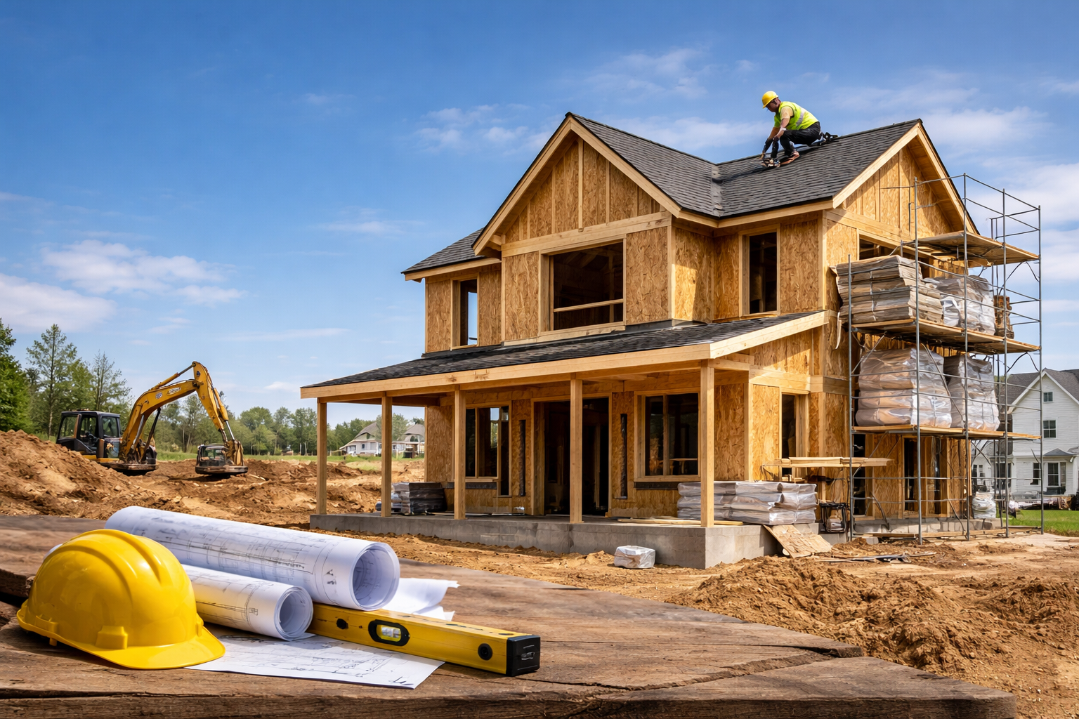 New home construction in Maryland with framing and roofing in progress; worker installing shingles and scaffolding on site.