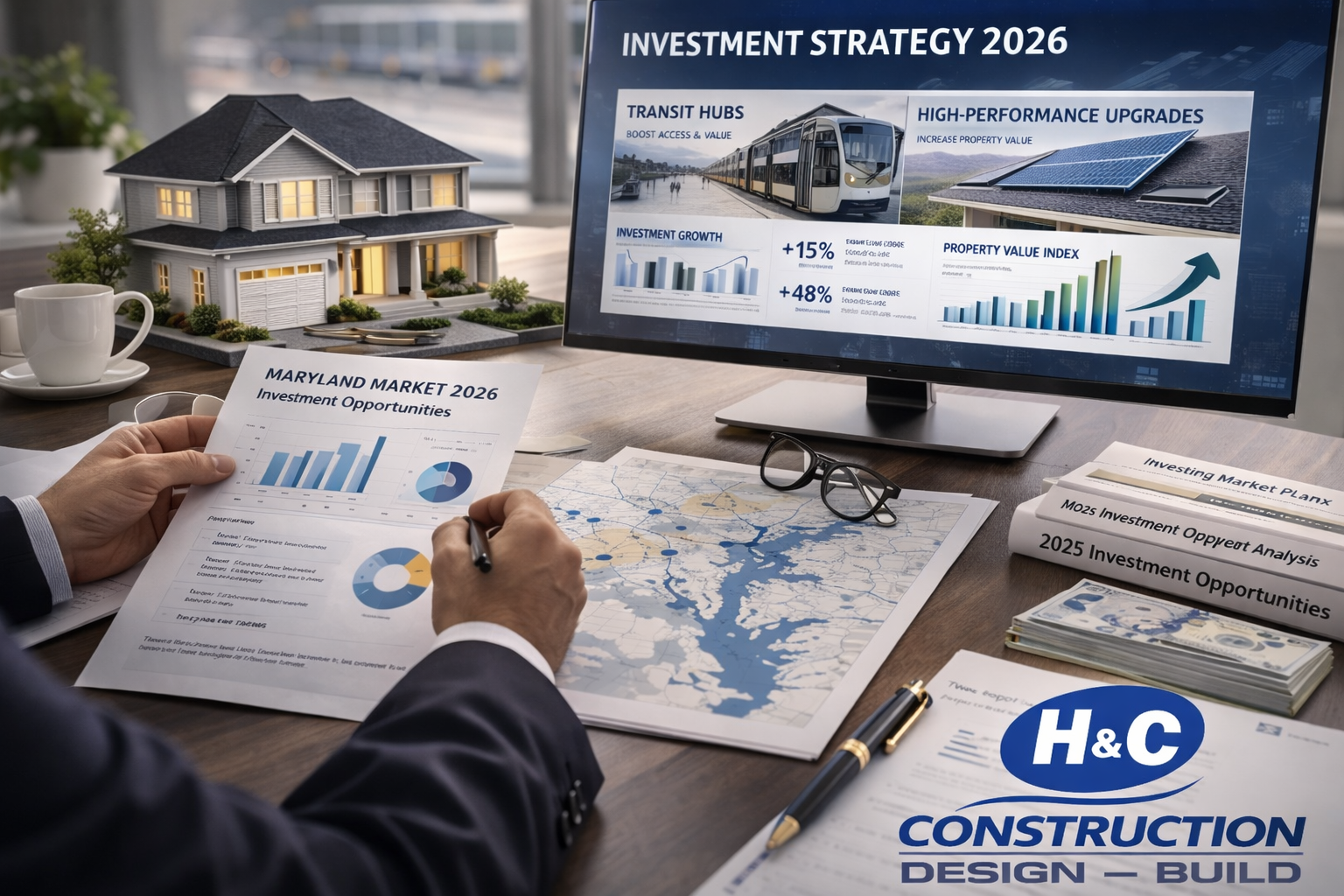 Home value strategy in Maryland for 2026, showing a professional workspace with transit and housing maps, a model home, investment planning documents, and H&C Construction branding.