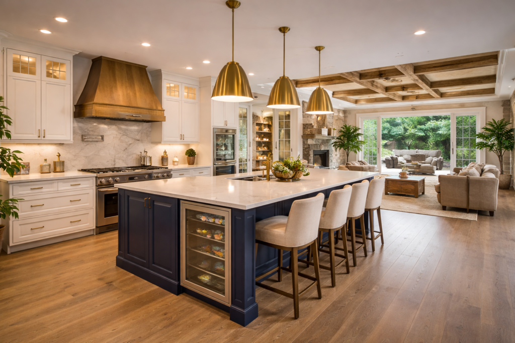 High-performance remodeling kitchen and living space in Maryland featuring an open-concept layout, large quartz island, custom cabinetry, premium lighting, wood finishes, and seamless indoor-outdoor flow.