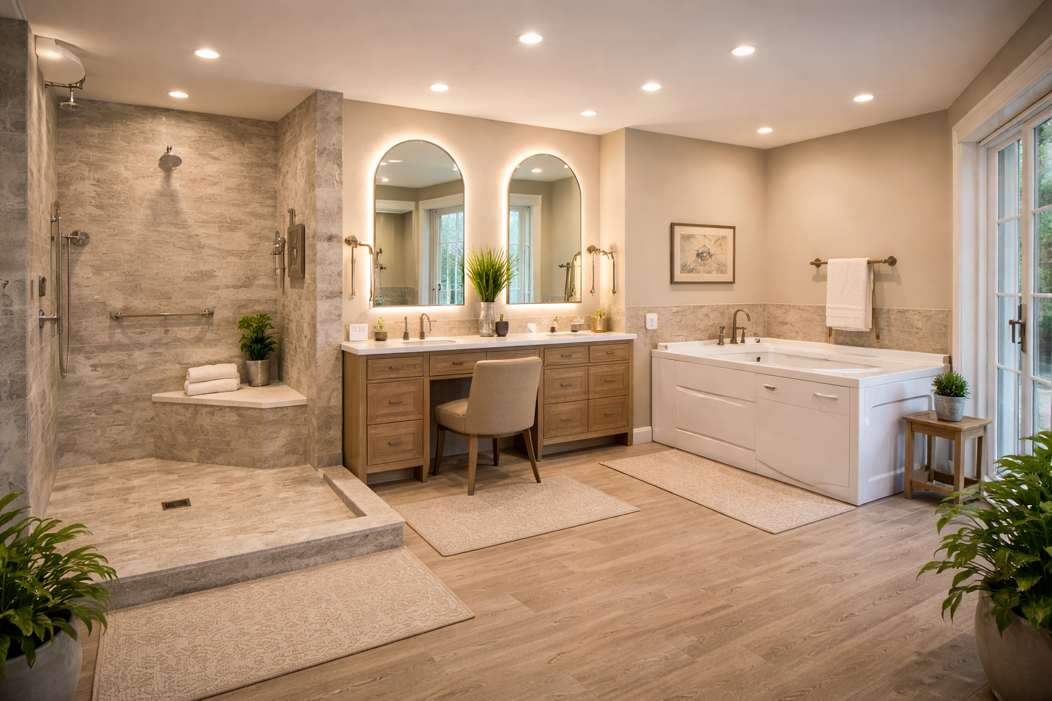 Accessible aging-in-place bathroom in Maryland with a curbless walk-in shower, built-in bench, grab bars, comfort-height vanity, and walk-in tub designed for safety and comfort