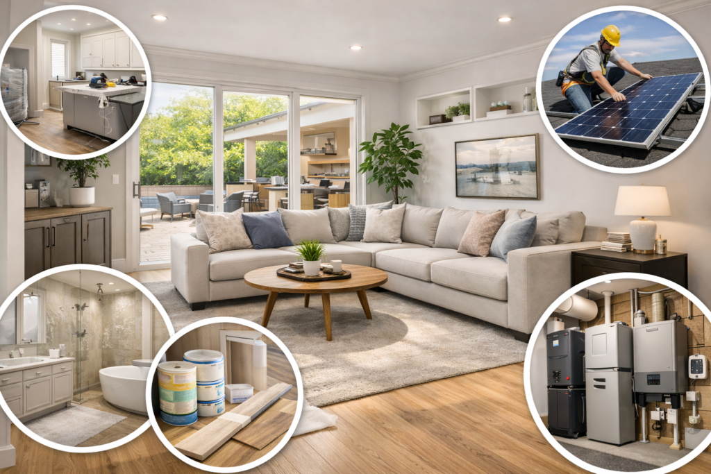 Professional home remodeling in Maryland showing a central renovated living space with circular highlights of kitchen, bathroom, flooring, solar, and mechanical upgrades for quality-focused whole-home renovation.