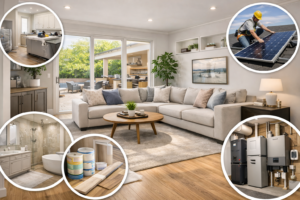 Professional home remodeling in Maryland showing a central renovated living space with circular highlights of kitchen, bathroom, flooring, solar, and mechanical upgrades for quality-focused whole-home renovation.