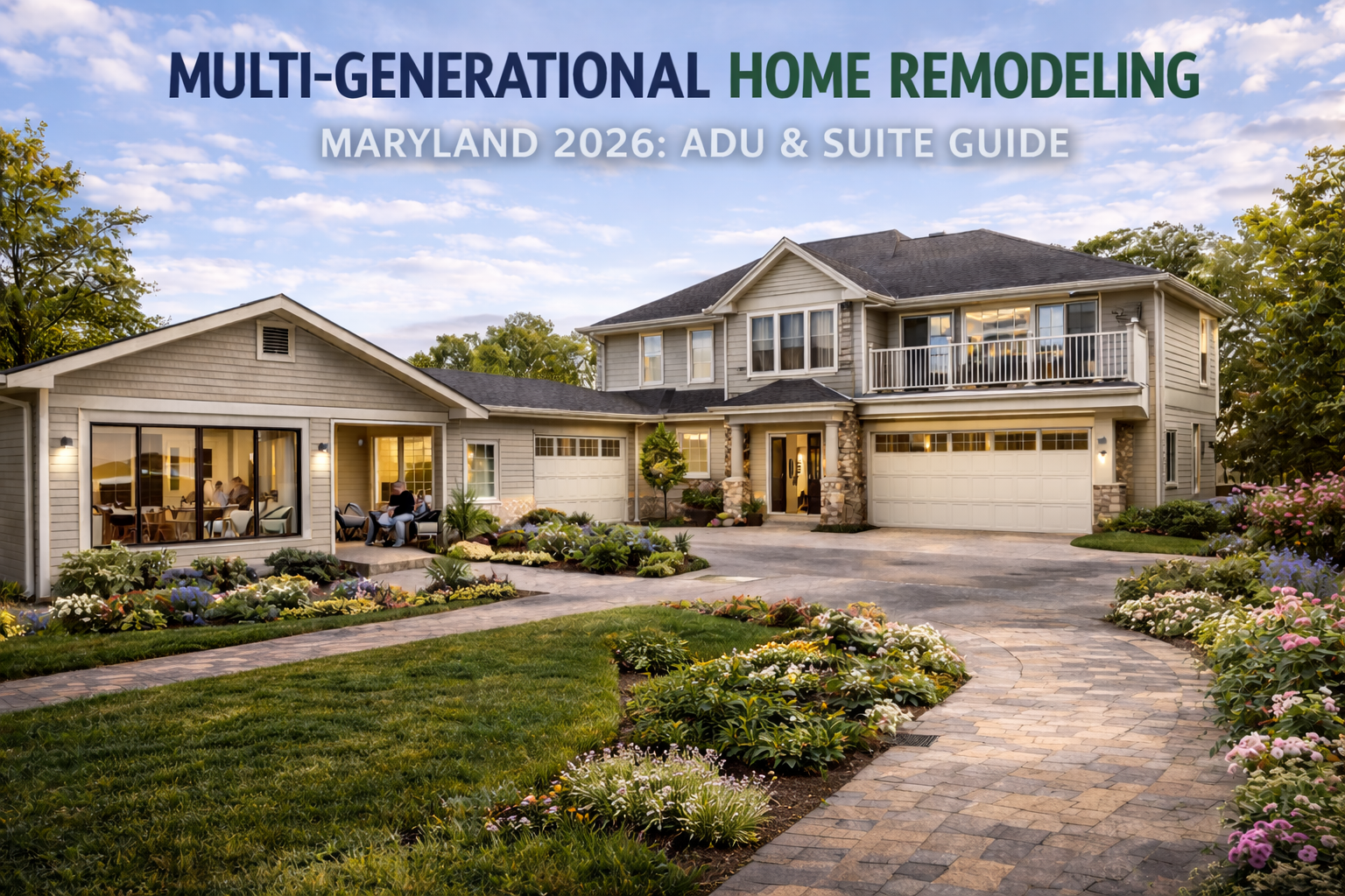 Multi-generational home remodeling in Maryland for 2026, showing a main house with an attached ADU and private suite layout for flexible family living.