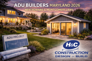 Home value strategy in Maryland for 2026, showing a professional desk setup with transit and housing analysis, investment reports, a model home, and H&C Construction branding.