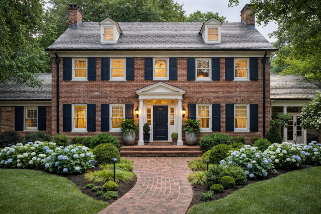 Restored Maryland Colonial home exterior with classic architecture, white siding, stone accents, warm interior lighting, manicured landscaping, and a refined front entry at twilight.