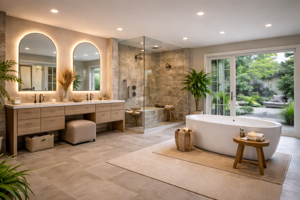 Professional wellness remodeling bathroom in Maryland with a freestanding soaking tub, double vanity, glass walk-in shower, soft natural finishes, and garden views for a calm spa-like atmosphere.