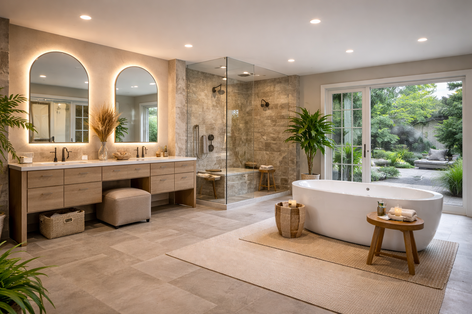 Professional wellness remodeling bathroom in Maryland with a freestanding soaking tub, double vanity, glass walk-in shower, soft natural finishes, and garden views for a calm spa-like atmosphere.