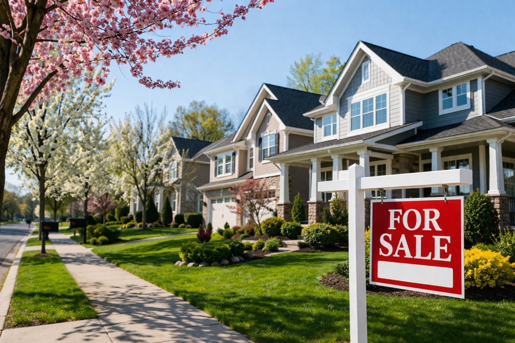Move-in-ready homes in Maryland during the spring real estate peak, showing upscale suburban properties with blooming trees and a for-sale sign.