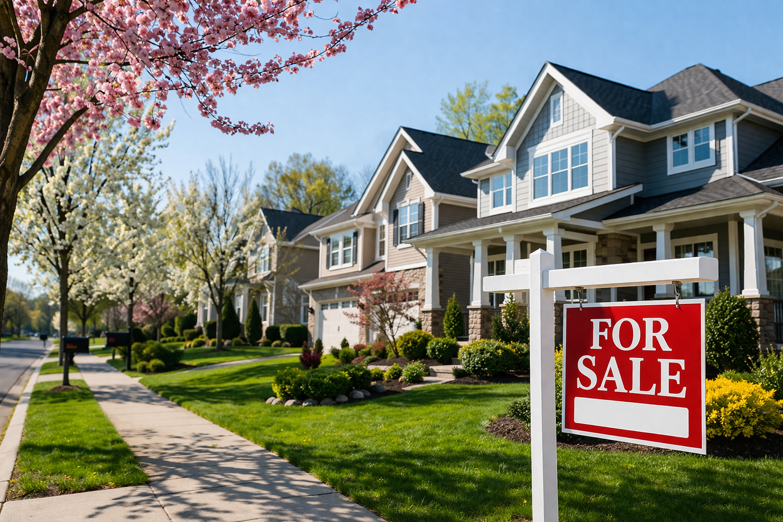 Move-in-ready homes in Maryland during the spring real estate peak, showing upscale suburban properties with blooming trees and a for-sale sign.