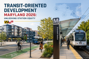 Professional editorial cover image showing a modern Maryland transit-oriented development scene with a light rail train at Greenbelt Station, mixed-use apartment buildings, a café, pedestrians, a cyclist, a bus, and a protected bike lane. Large headline text reads “Transit-Oriented Development Maryland 2026: Unlocking Station Equity,” with Maryland flag icons and graphics suggesting transit, housing, jobs, and community connectivity.