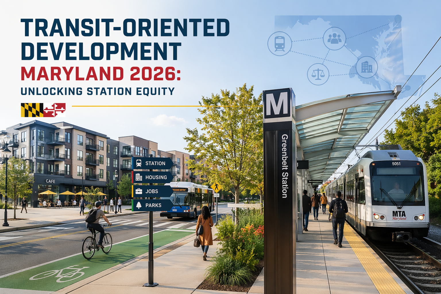 Professional editorial cover image showing a modern Maryland transit-oriented development scene with a light rail train at Greenbelt Station, mixed-use apartment buildings, a café, pedestrians, a cyclist, a bus, and a protected bike lane. Large headline text reads “Transit-Oriented Development Maryland 2026: Unlocking Station Equity,” with Maryland flag icons and graphics suggesting transit, housing, jobs, and community connectivity.