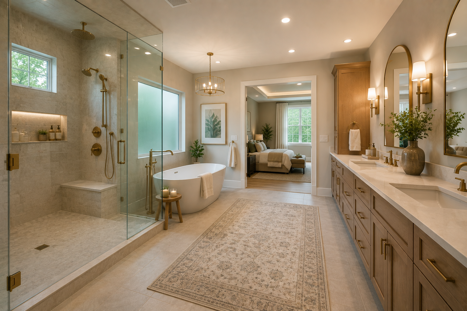 Primary suite remodeling in Maryland with spa bathroom, walk-in shower, freestanding tub, warm materials, double vanity, custom storage, and private retreat design.