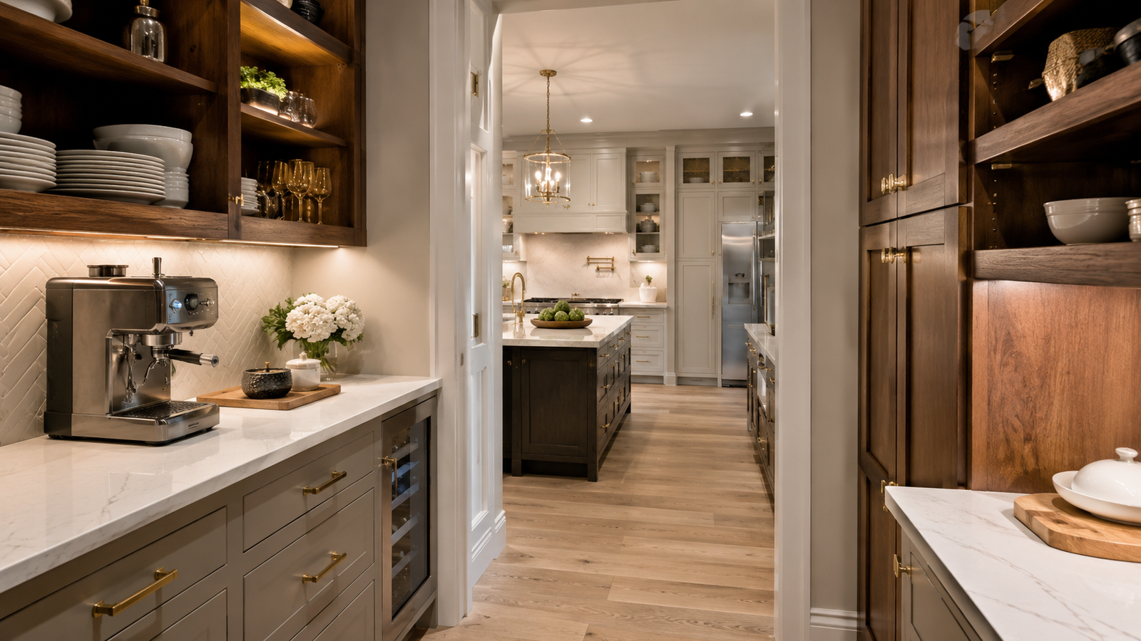 Pantry and prep kitchen remodeling in Maryland with custom cabinets, walk-in pantry, beverage station, warm wood storage, quartz counters, and hidden kitchen functionality.