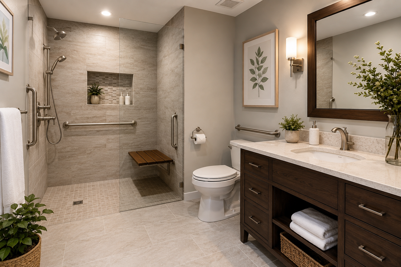 Aging-in-place bathroom remodeling in Maryland with walk-in shower, grab bars, built-in bench, modern tile, and accessible design.