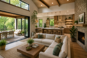 Biophilic home remodeling in Maryland with large windows, natural light, warm wood flooring, stone accents, indoor plants, open living space, and indoor-outdoor design.
