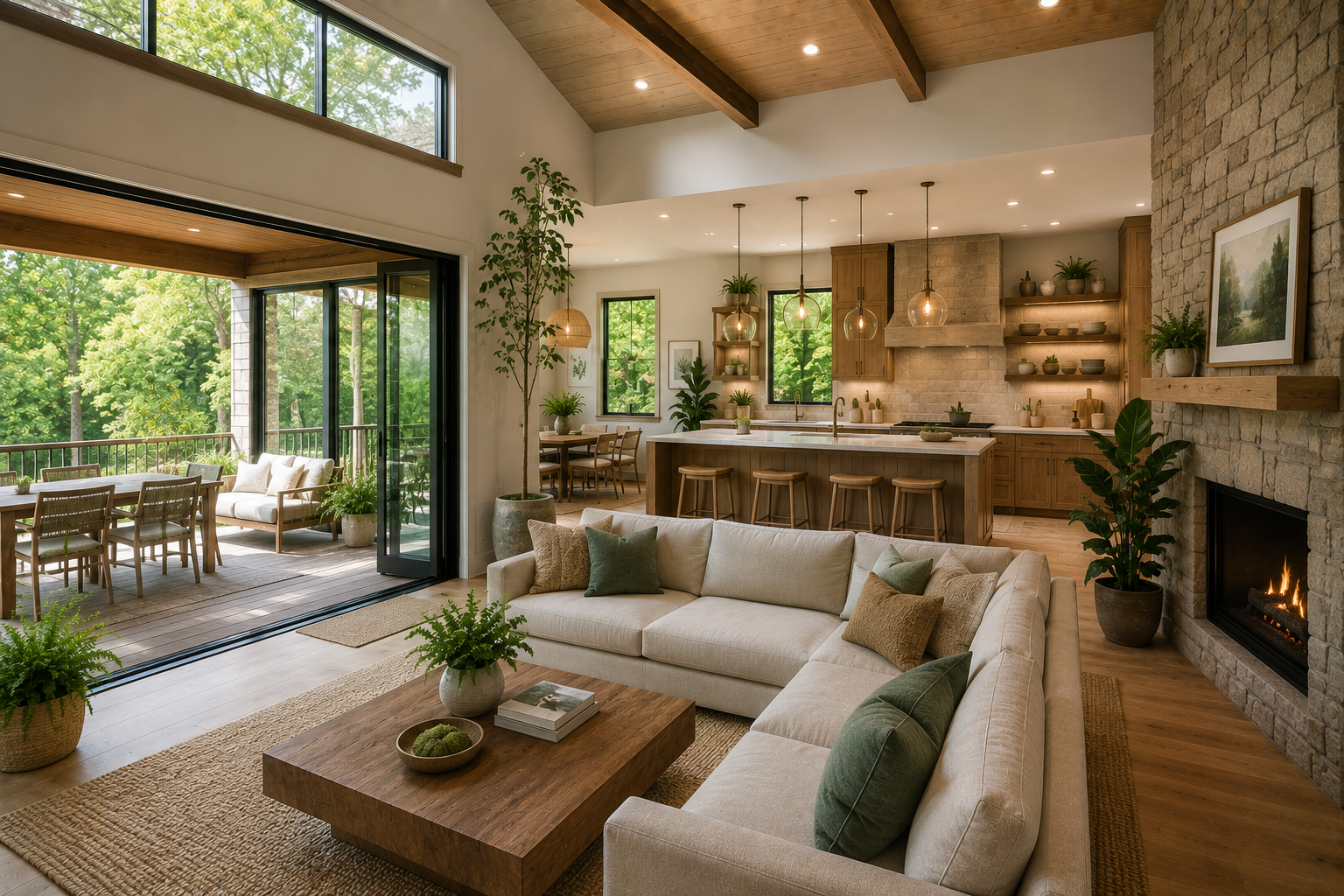 Biophilic home remodeling in Maryland with large windows, natural light, warm wood flooring, stone accents, indoor plants, open living space, and indoor-outdoor design.