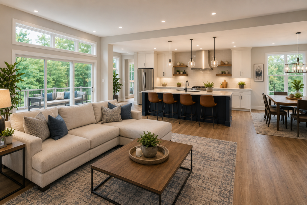 Licensed design-build contractor in Maryland reviewing remodeling plans inside a modern home renovation with homeowners.