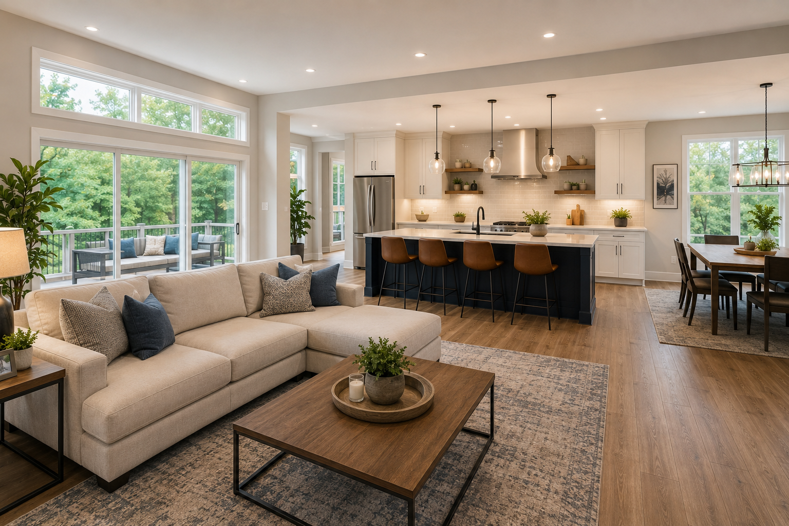 Licensed design-build contractor in Maryland reviewing remodeling plans inside a modern home renovation with homeowners.