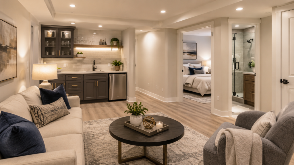 Basement-to-suite remodeling in the DMV with guest suite, kitchenette, lounge area, bedroom space, modern lighting, and comfortable finished basement design.