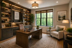 Home office and flex room remodeling in Maryland with custom built-ins, warm wood desk, natural light, sound-conscious design, storage, and flexible work-from-home layout.