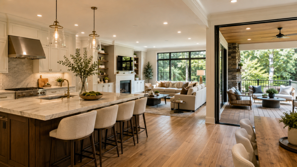 Whole-home remodeling in Maryland with open kitchen, modern living room, upgraded flooring, large windows, natural light, and cohesive design-build renovation.