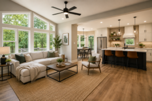 Energy-efficient home remodeling in Maryland with upgraded windows, insulation, modern flooring, open layout, natural light, and summer comfort design.