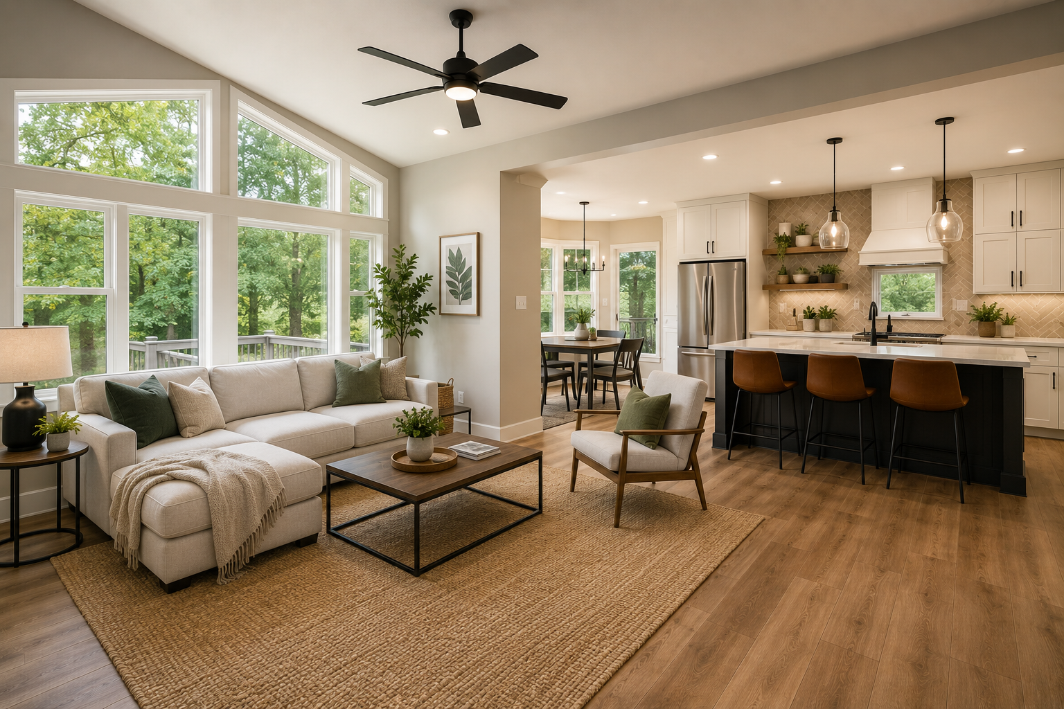 Energy-efficient home remodeling in Maryland with upgraded windows, insulation, modern flooring, open layout, natural light, and summer comfort design.