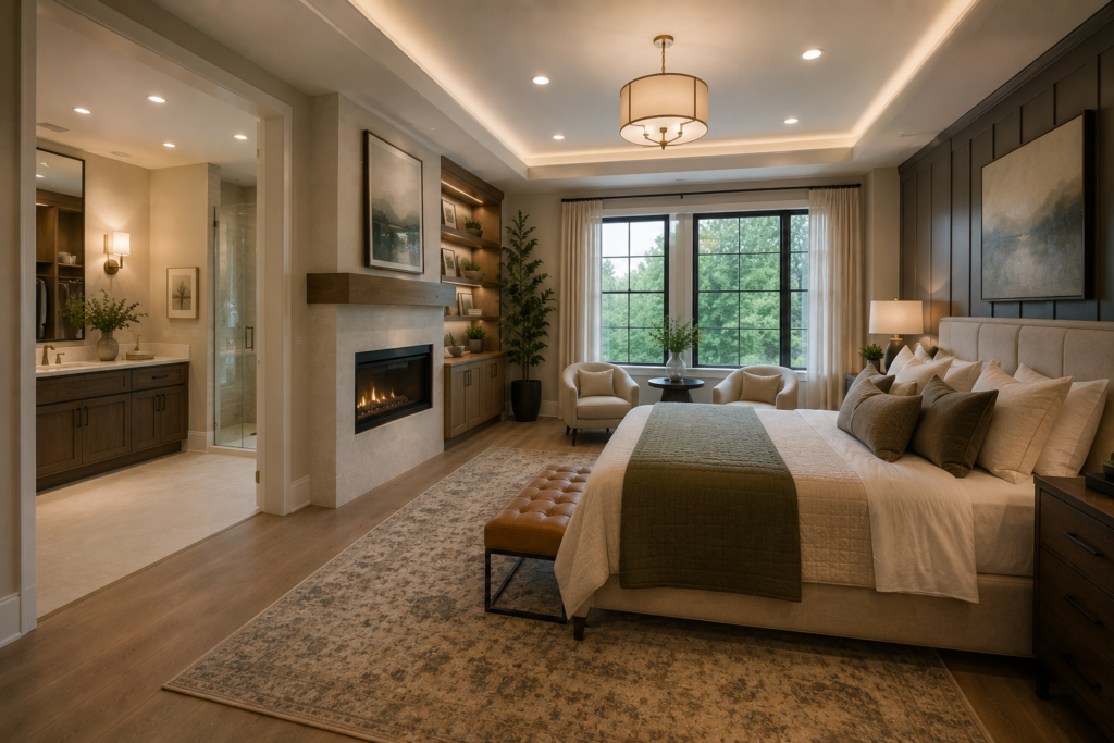 Primary suite remodeling in Maryland with spa bathroom, walk-in shower, freestanding tub, warm materials, double vanity, custom storage, and private retreat design.