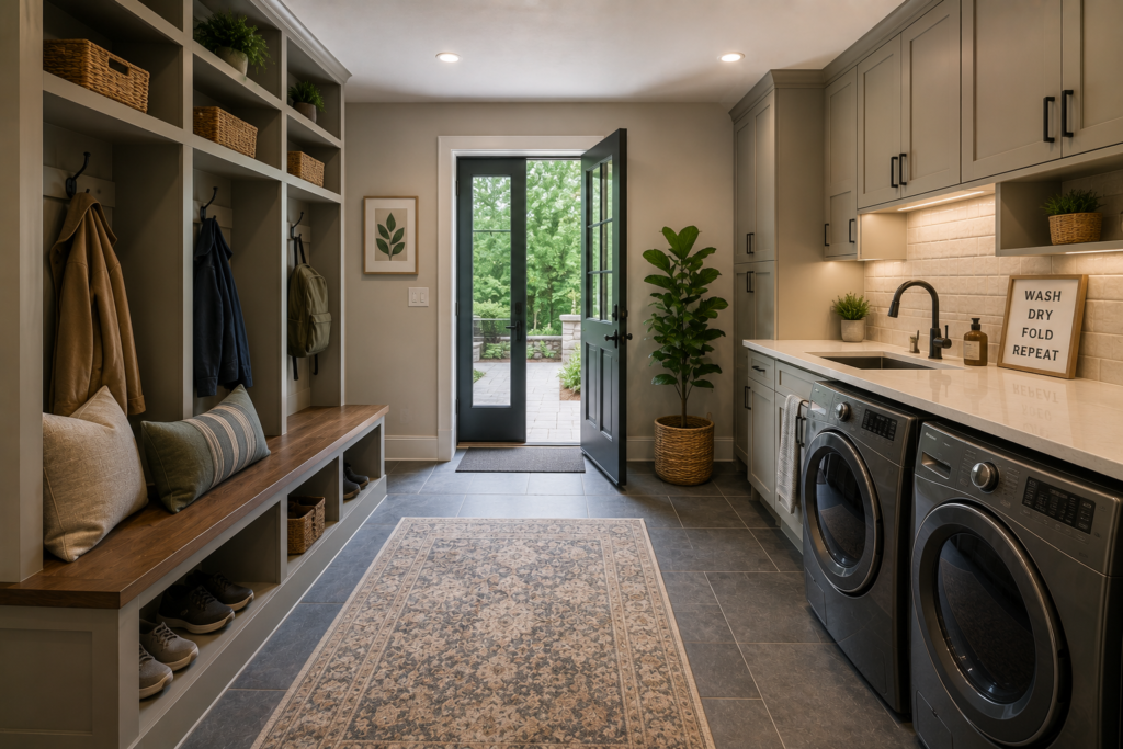 laundry room remodeling in Maryland with custom storage, washer and dryer, durable flooring, built-in bench, cabinets, and organized family entryway.