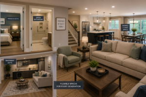 Multi-generational home remodeling in the DMV with private suite, safer bathroom, finished basement, open family room, accessible layout, and flexible living space.