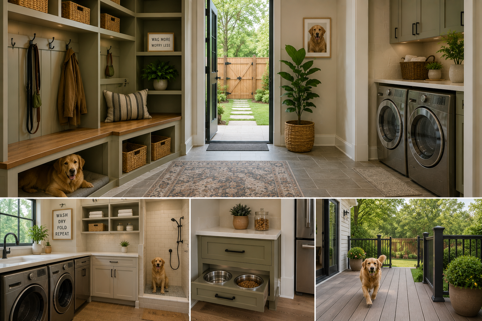 Pet-friendly home remodeling in Maryland with durable flooring, custom mudroom storage, dog wash station, laundry room, built-in pet area, and outdoor access.