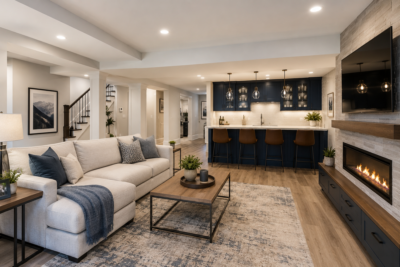 Timeless kitchen remodeling in Maryland with warm wood cabinets, quartz countertops, large island, hidden storage, pendant lighting, and modern design.