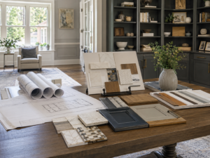 Design-build remodeling consultation with blueprints in a Maryland home