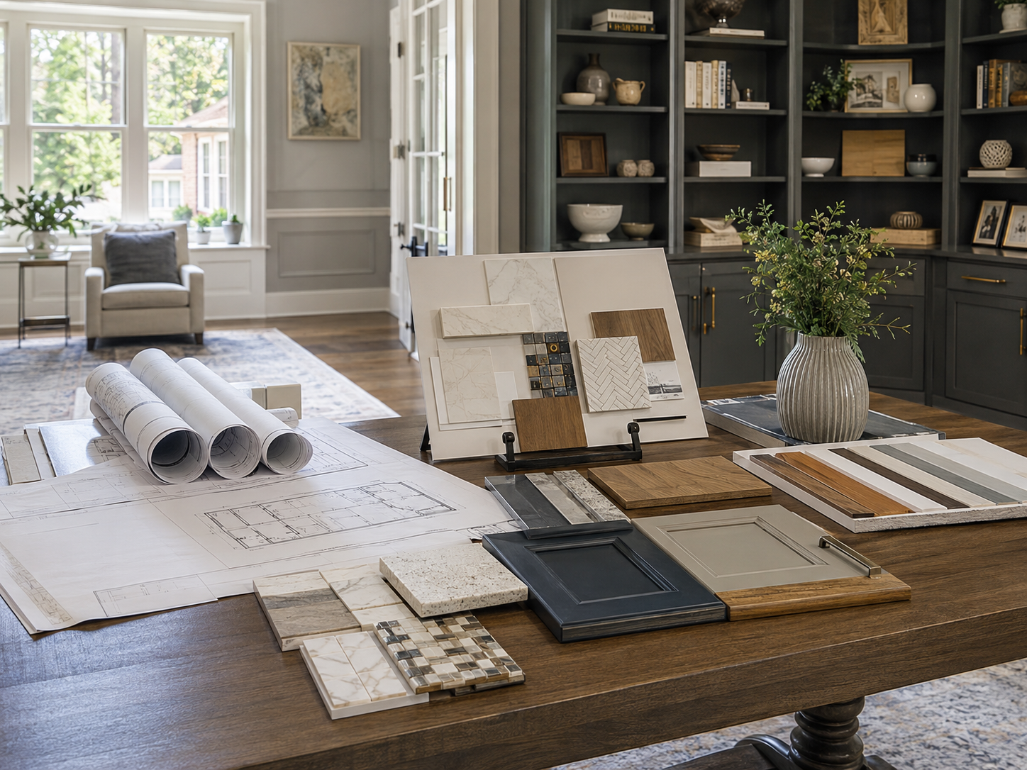 Design-build remodeling consultation with blueprints in a Maryland home
