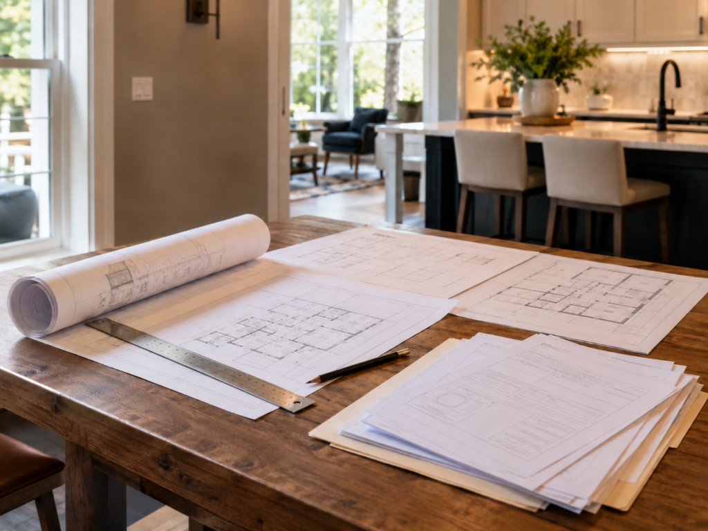 Home remodeling permit blueprints on a construction table in a Maryland home