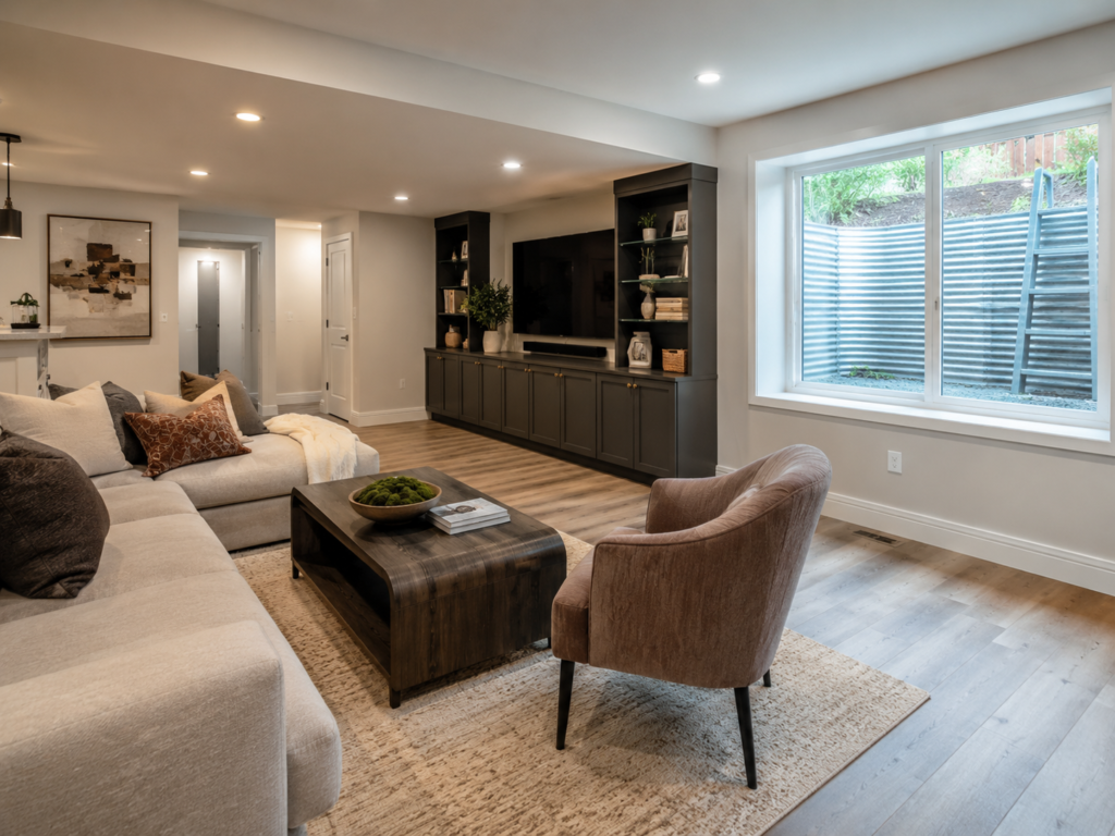 Finished basement remodel with egress window in a Maryland home