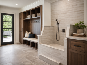 Pet-friendly mudroom remodel with dog wash station in a Maryland home