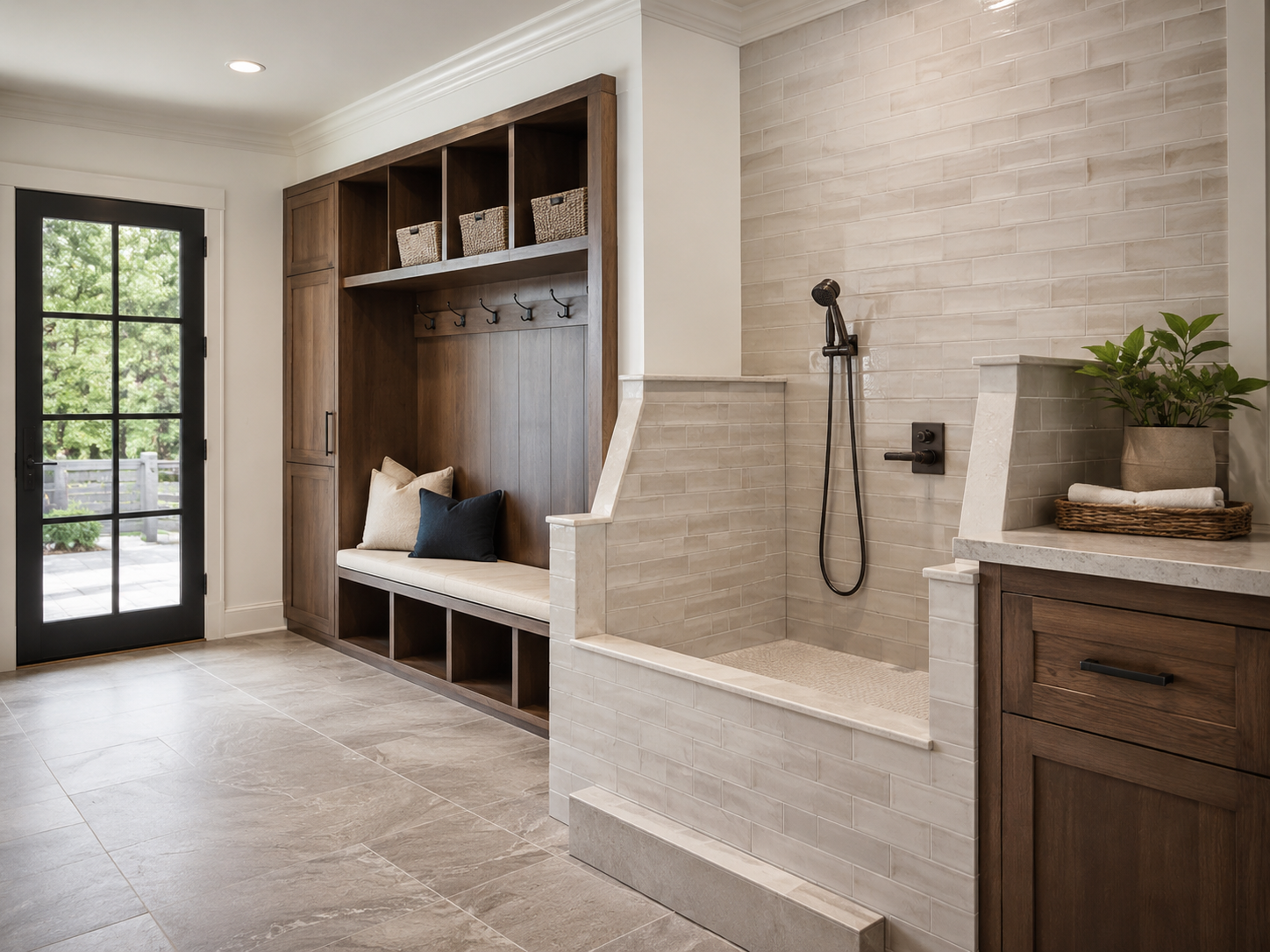Pet-friendly mudroom remodel with dog wash station in a Maryland home