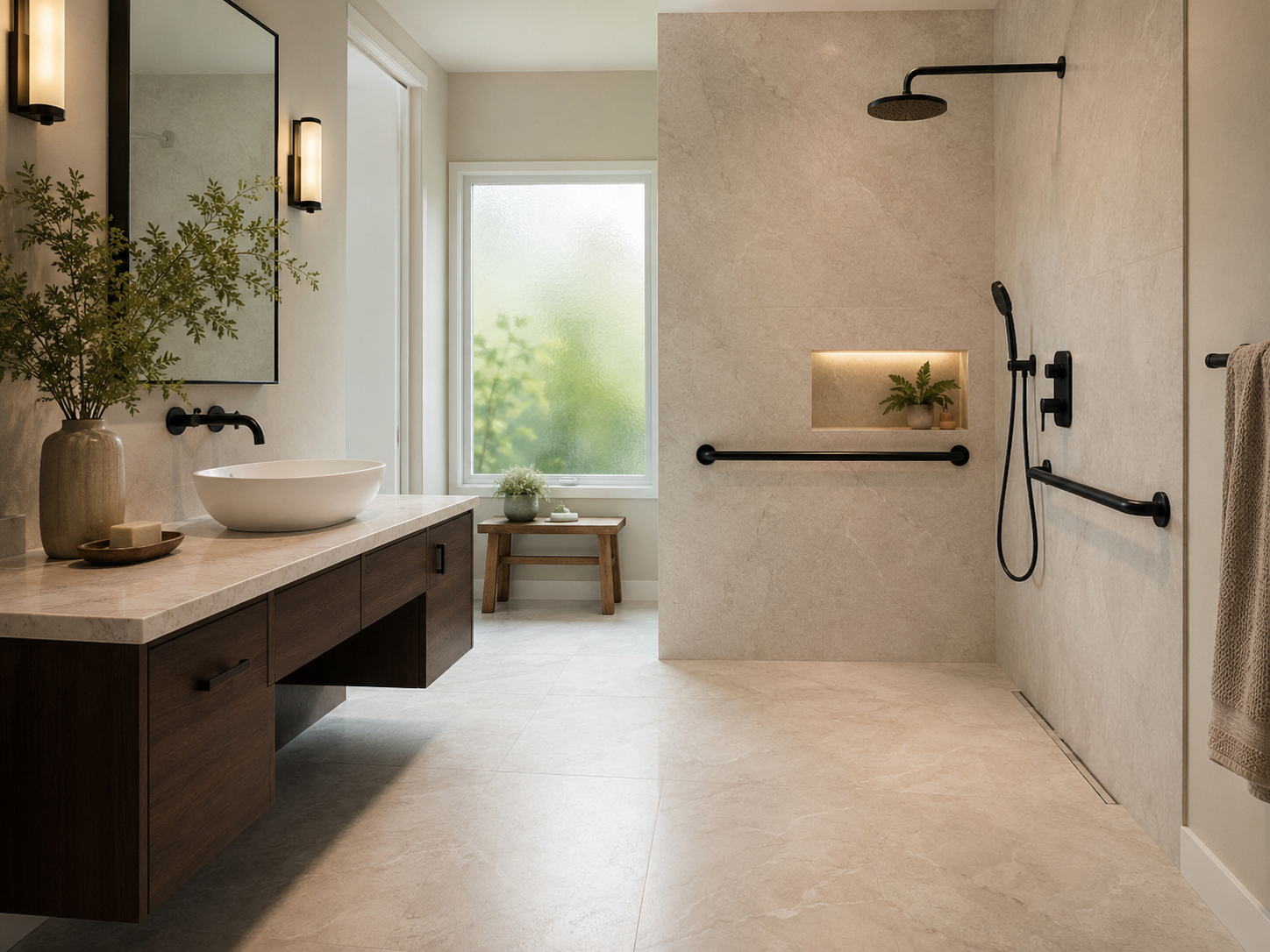 Aging-in-place bathroom remodel with curbless shower in a Maryland home