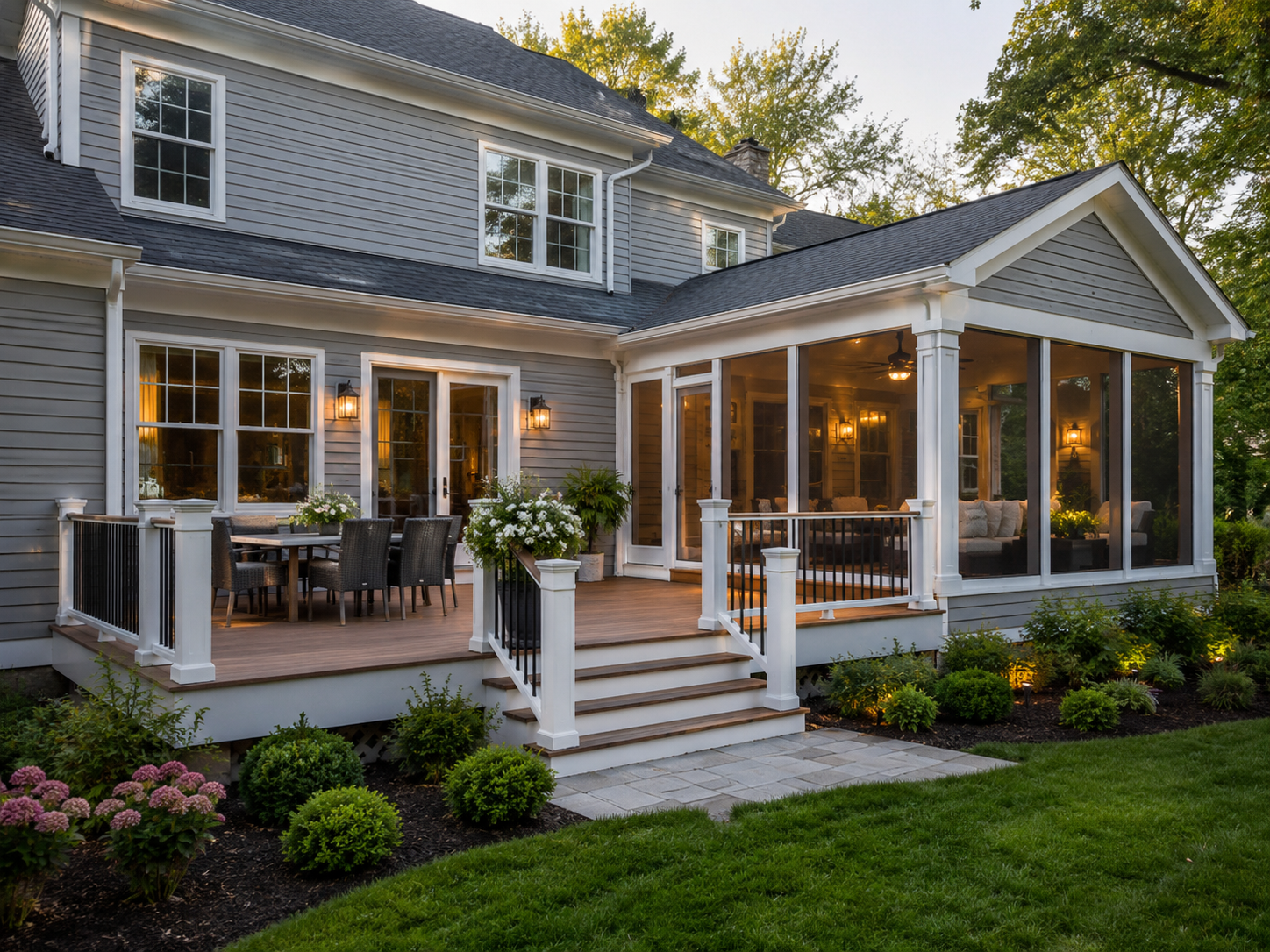 Custom deck and screened porch addition on a Colonial home in Montgomery County Maryland